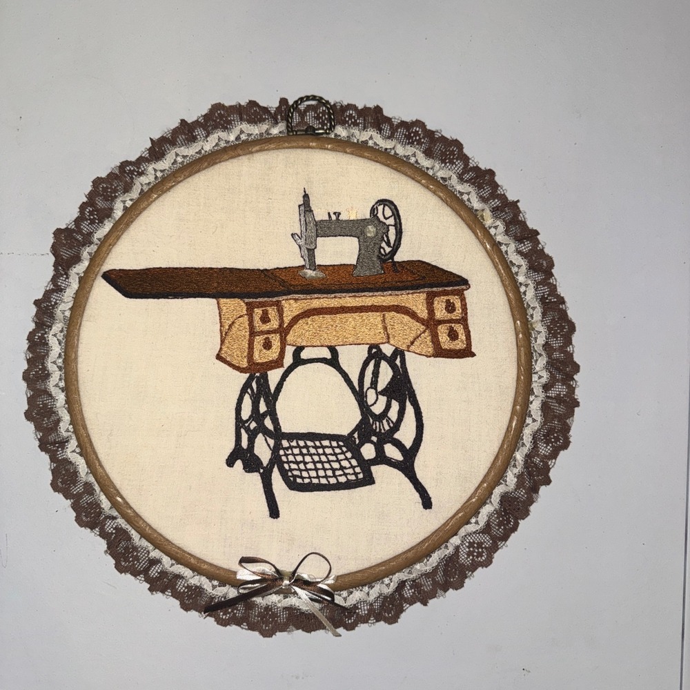 Vintage Treadle Sewing Machine Embroidery Hoop Wall Art Brown Lace 10 Inch Decor